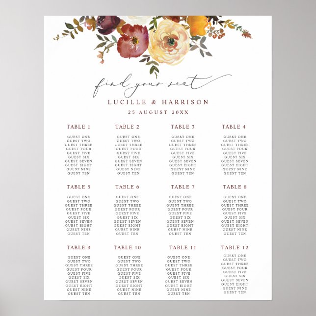 Affiche Autumnal Blooms Bourgogne Mariage Plan de siège (Devant)