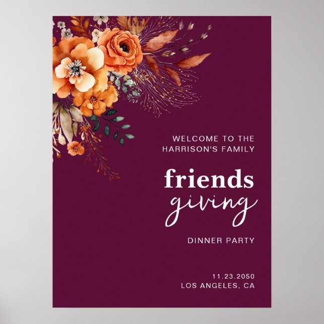 Affiche Autumnal flowers thanksgiving elegant burgundy (Devant)