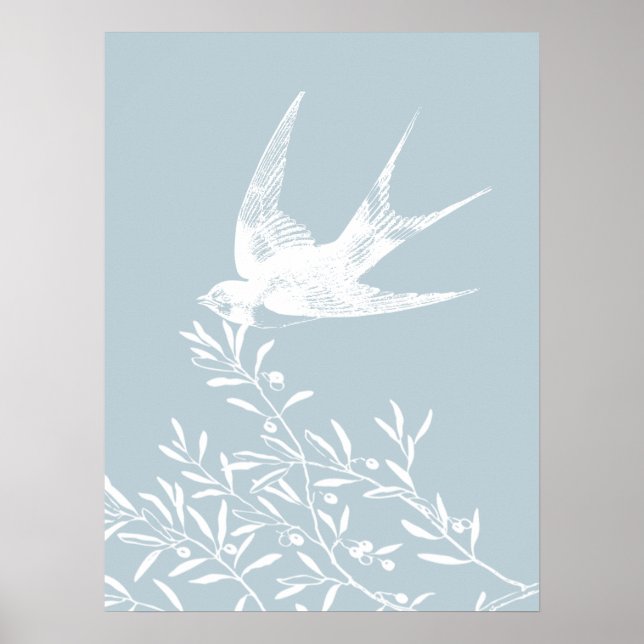 Affiche Avaler l'oiseau survolant les branches d'olivier (Devant)