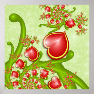 Affiche Avec beaucoup d'amour Rouge Coeurs Jaunes Fractal