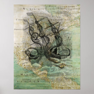 Affiche avec un kraken vintage, navire sur la cart