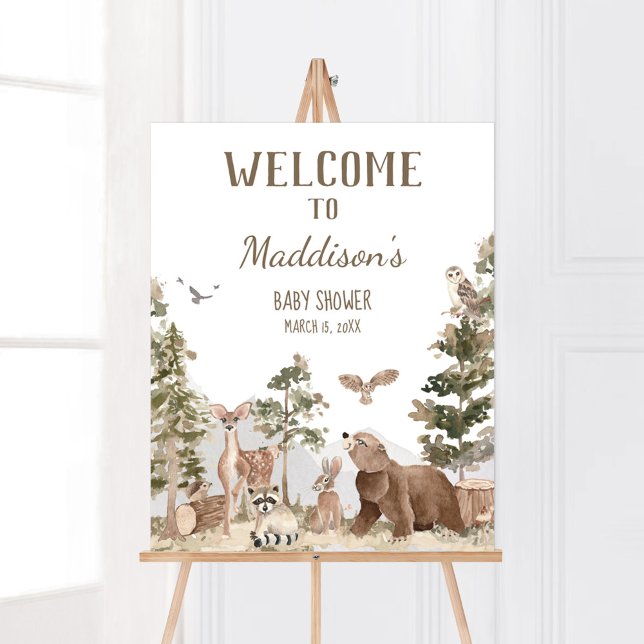 Affiche Aventure Attend Bois Animaux Bienvenue (Woodland Animals Adventure Awaits Baby Shower Welcome Sign)