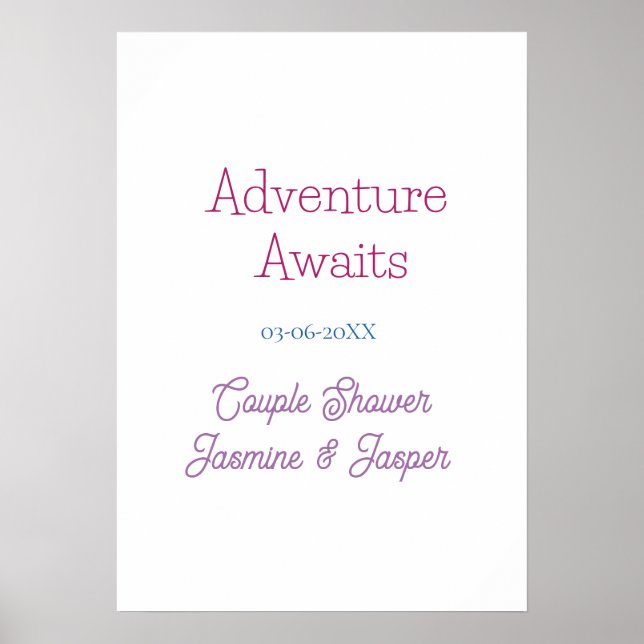 Affiche aventure attend couple baby shower nom date rose b (Devant)