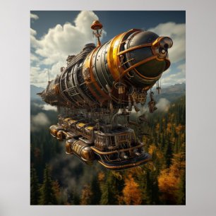 Affiche Aventure automnale Steampunk Zeppelin sur la forêt