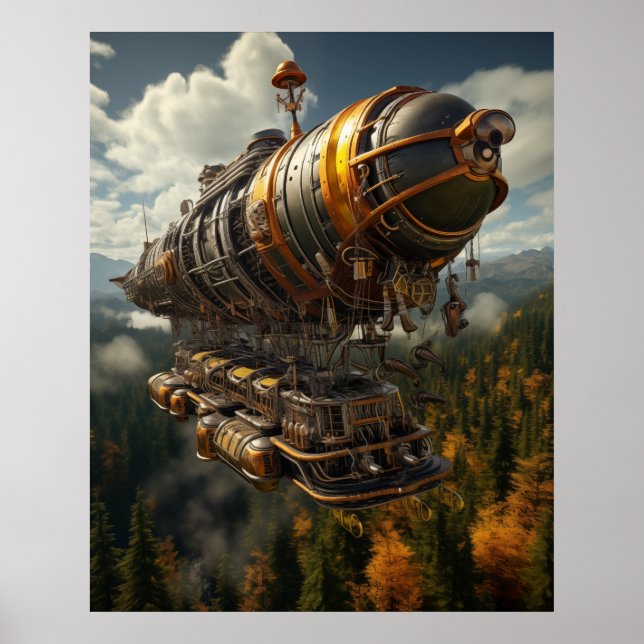 Affiche Aventure automnale Steampunk Zeppelin sur la forêt (Devant)