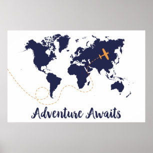 Affiche Aventure Await, Avion Print, World Map Print