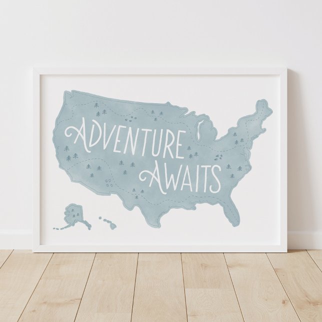 Affiche Aventure Bleue Nous Attend Carte États-Unis Décora (Créateur téléchargé)