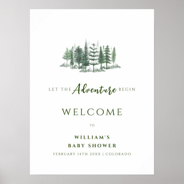 Affiche Aventure Commencez Rustic Forest Baby shower Bienv (Devant)