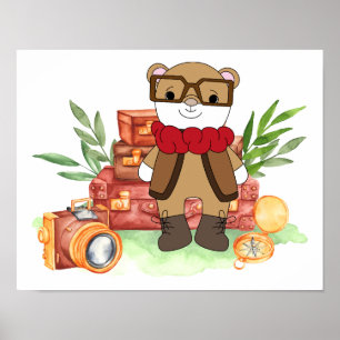 Affiche Aventure de dessin animé d'ours mignon de voyage v