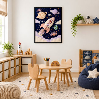 Affiche Aventure Fille Fusée Espace Enfants Pastel Fantais