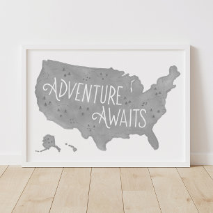 Affiche Aventure grise attend carte des États-Unis décorat