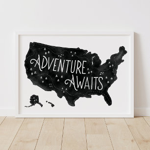 Affiche Aventure noire attend carte des États-Unis décorat