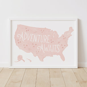 Affiche Aventure rose attend carte des États-Unis décorati