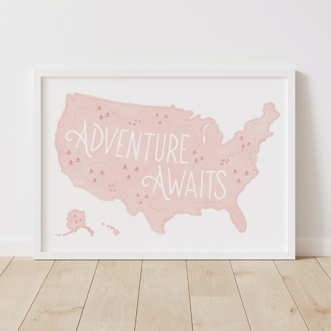 Affiche Aventure Rose Vous Attend Carte États-Unis Décorat (Créateur téléchargé)