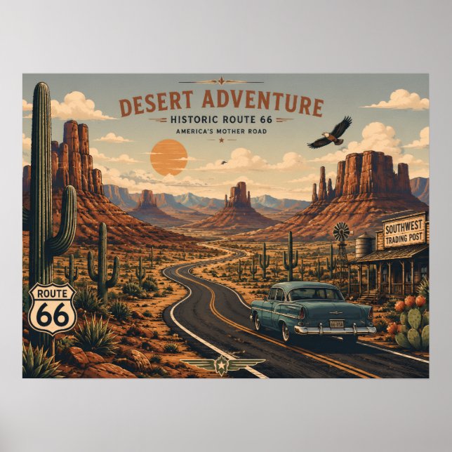 Affiche Aventure sur la Route 66 Historique dans le Désert (Devant)