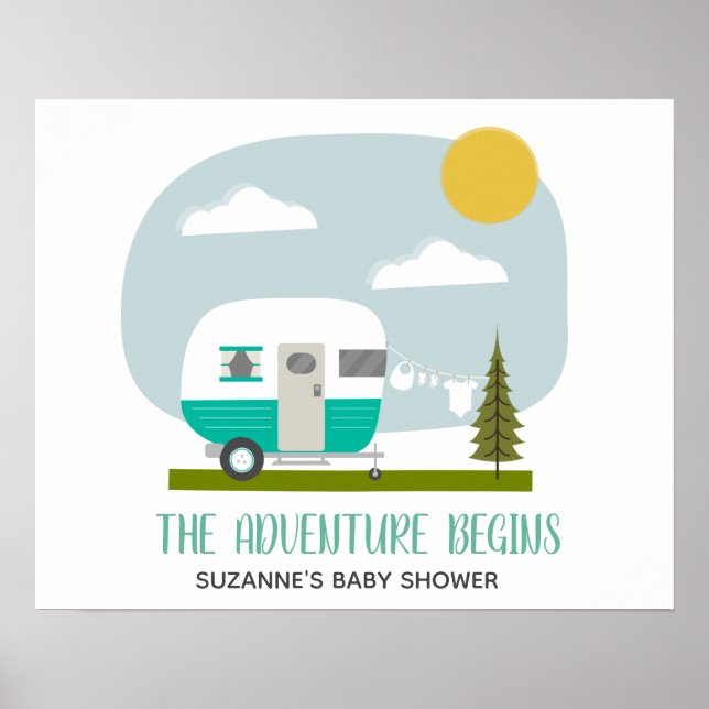 Affiche Aventure Turquoise Retro Camper Girl Baby shower (Devant)