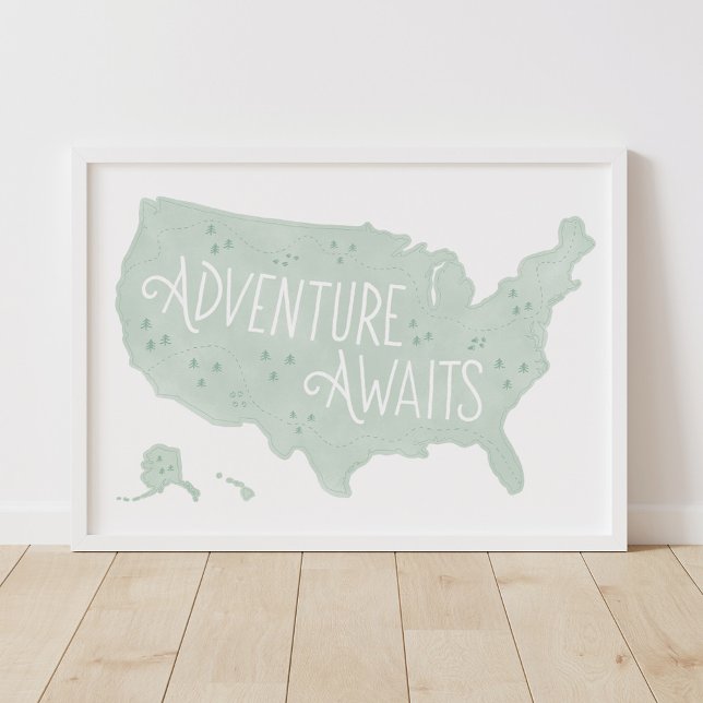 Affiche Aventure Vert Menthe Nous Attend Carte États-Unis  (Créateur téléchargé)