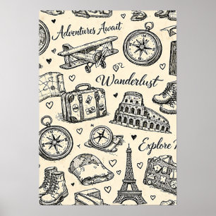 Affiche Aventures de voyage vintage motif sans couture
