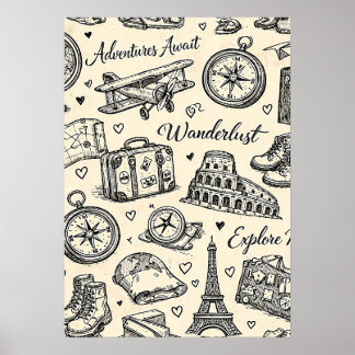 Affiche Aventures de voyage vintage motif sans couture