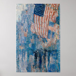 Affiche Avenue sous la pluie, peinture de drapeaux américa