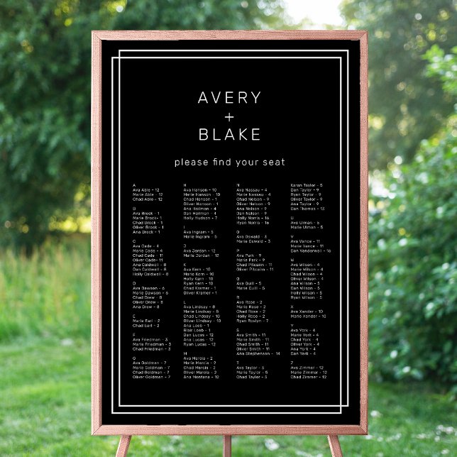 Affiche AVERA moderne Mariage noir  siège Modèle graphique (AVERY Modern Black Wedding Seating Chart Template)