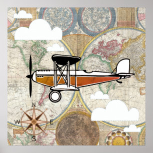 Affiche Aviateur Avion Vintage Aventure Mondiale