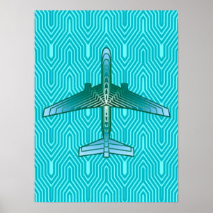 Affiche Avion Art Déco, Turquoise, Turquoise et Aqua