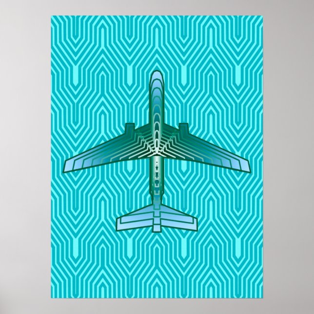Affiche Avion Art Déco, Turquoise, Turquoise et Aqua (Devant)