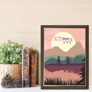 Affiche Avion Cessna rose volant au coucher du soleil sur