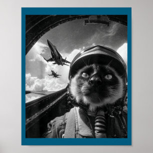 Affiche Avion Chat Réacteur Pilote Selfie Siamois Chasseur