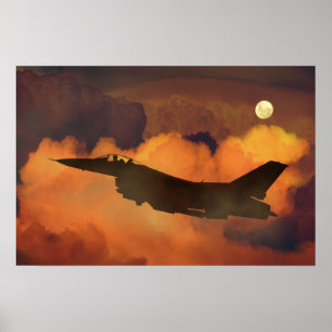 Affiche Avion de chasse F-16 ciel nocturne lune nuages