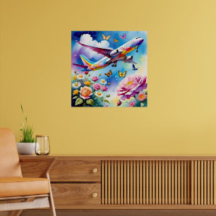 Affiche Avion survolant les Roses avec des papillons