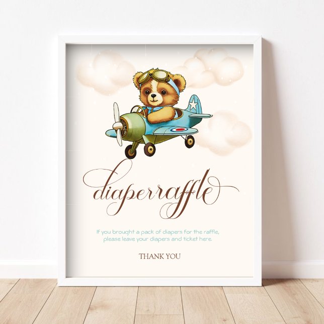 Affiche Avion Whimsical Teddy bear Diaper Raffle (Whimsical Airplane Teddy bear Diaper Raffle Poster)