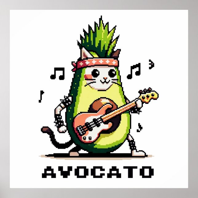 Affiche Avocato - Drôle Pixel Art Avocado Cat jouer basse (Devant)