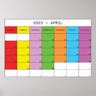 Affiche Avril 2025 couleurs jours calendrier plancer