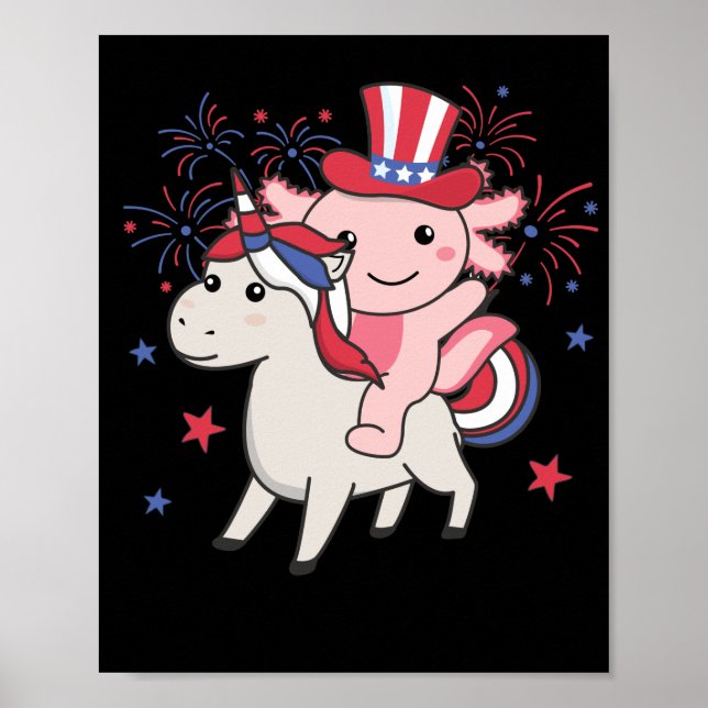 Affiche Axolotl Avec Unicorn Pour Le 4 Juillet Feu D'Oeuvr (Devant)