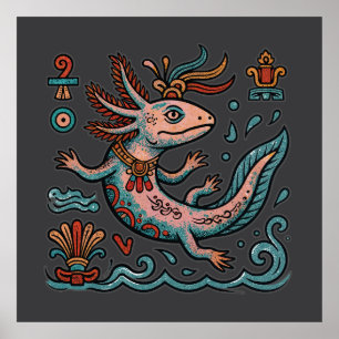 Affiche Axolotl aztèque Xolotl pierre érodée art tribal bo