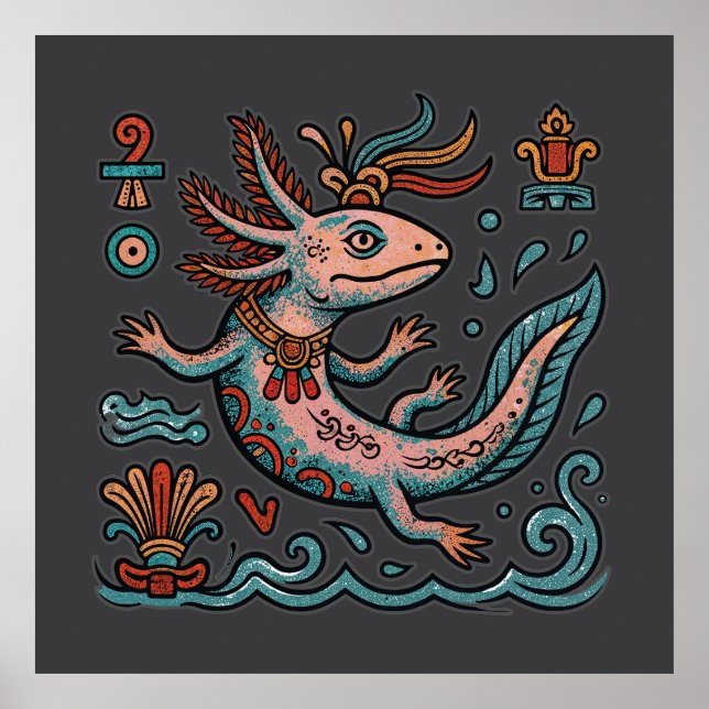 Affiche Axolotl aztèque Xolotl pierre érodée art tribal bo (Devant)