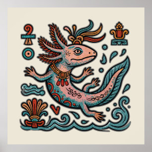 Affiche Axolotl aztèque Xolotl pierre érodée art tribal bo