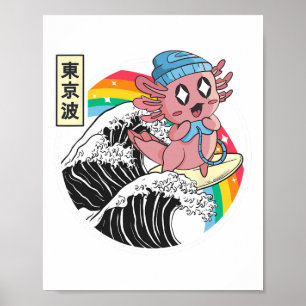 Affiche Axolotl de jeu heureux surfant sur la vague de Kan