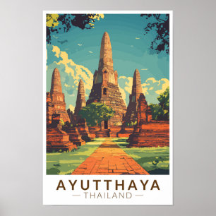 Affiche Ayutthaya Thaïlande Illustration Voyage Art Vintag