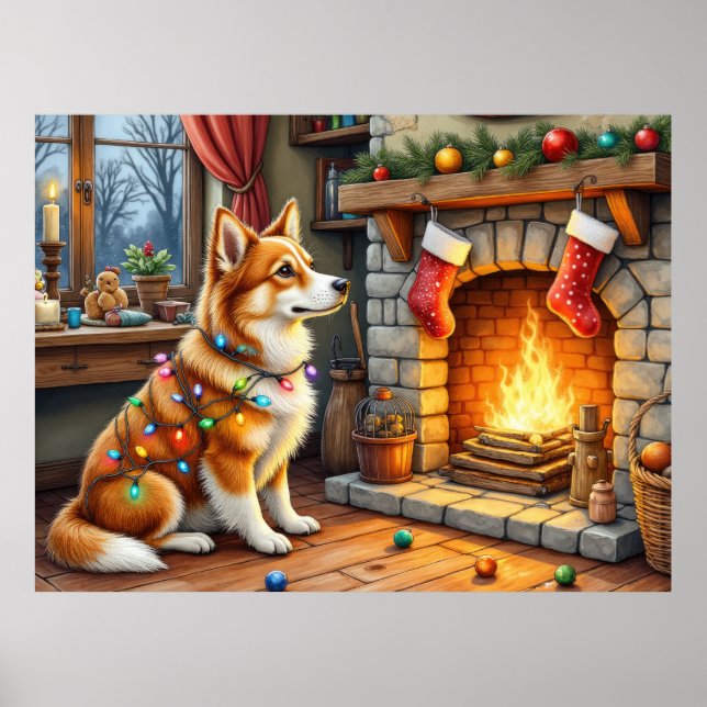 Affiche Azawakh Sitting by Fireplace with Christmas Lights (Devant)