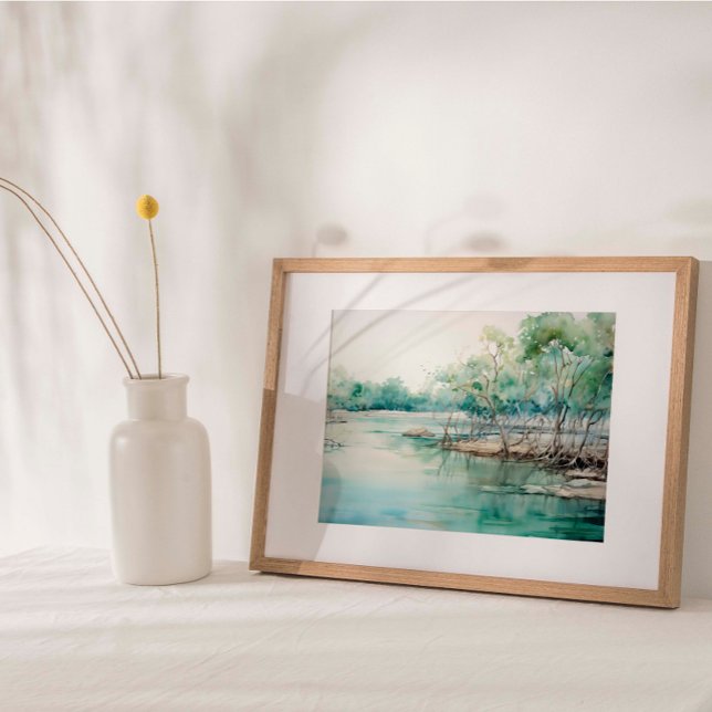 Affiche Azure Mangrove Majesty : Aquarelle bleu-vert (Capturing coastal mangroves in stunning blue-green tones.)