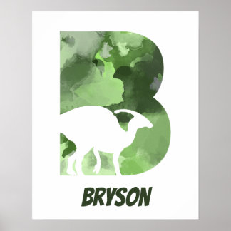 Affiche "B" Aquarelle Dinosaure Vert Nom de l'enfant Poste