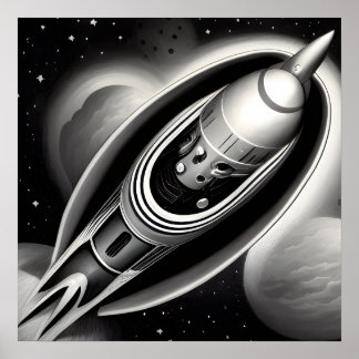 Affiche B&W Retro Rocket