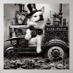 Affiche B&W Steampunk Chien & Train