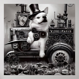 Affiche B&W Steampunk Chien & Train