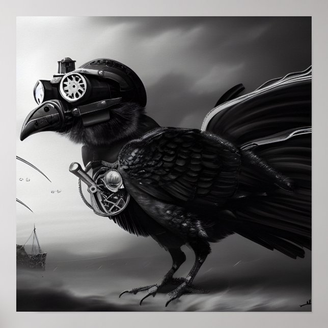 Affiche B&W Steampunk Robot Bird (Devant)