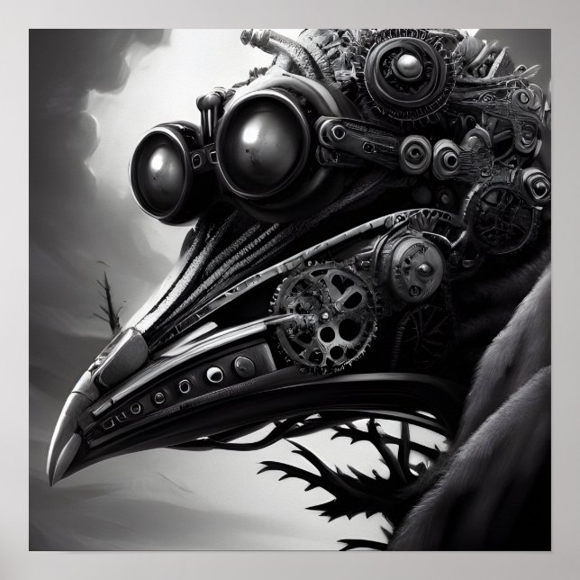 Affiche B&W Steampunk Robot Raven (Devant)