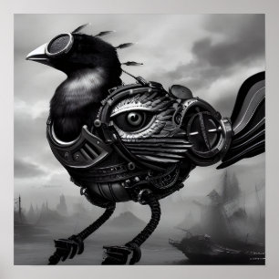Affiche B&W Surreal Steampunk Eye Wing Bird